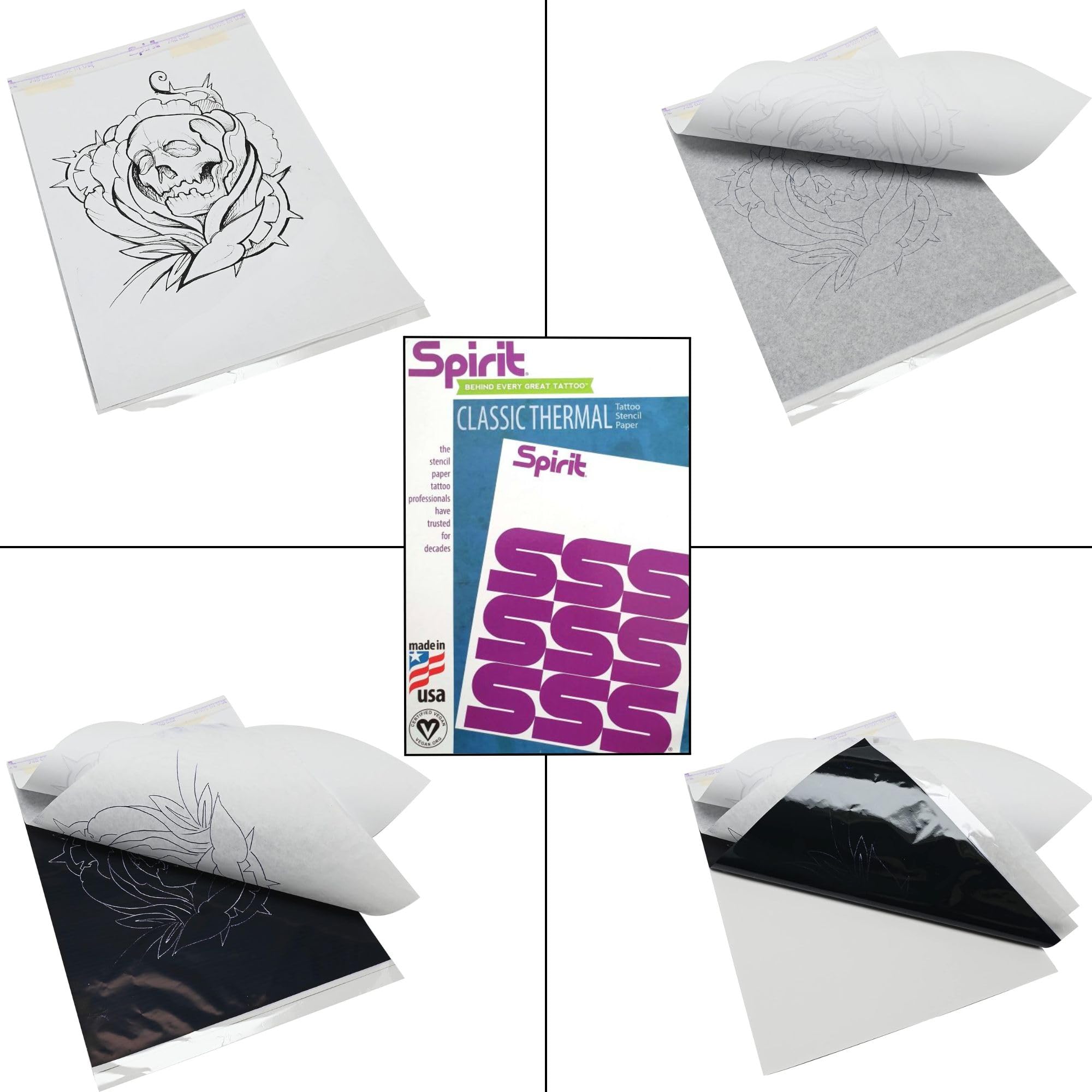 Spirit Tattoo Transfer Paper Bundle – 100 fogli A4 Spirit Classic Purple Thermal Copier Hectograph Paper (21,6 x 27,9 cm) con Viscot Sterile Surgical Skin Marker incluso