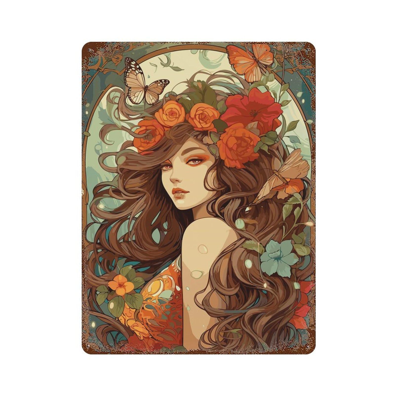 Garden Nymph Rust Effect Tin Sign 15.7"x11.8", Ideal for Farmhouse, Kitchen And Entryway Decor