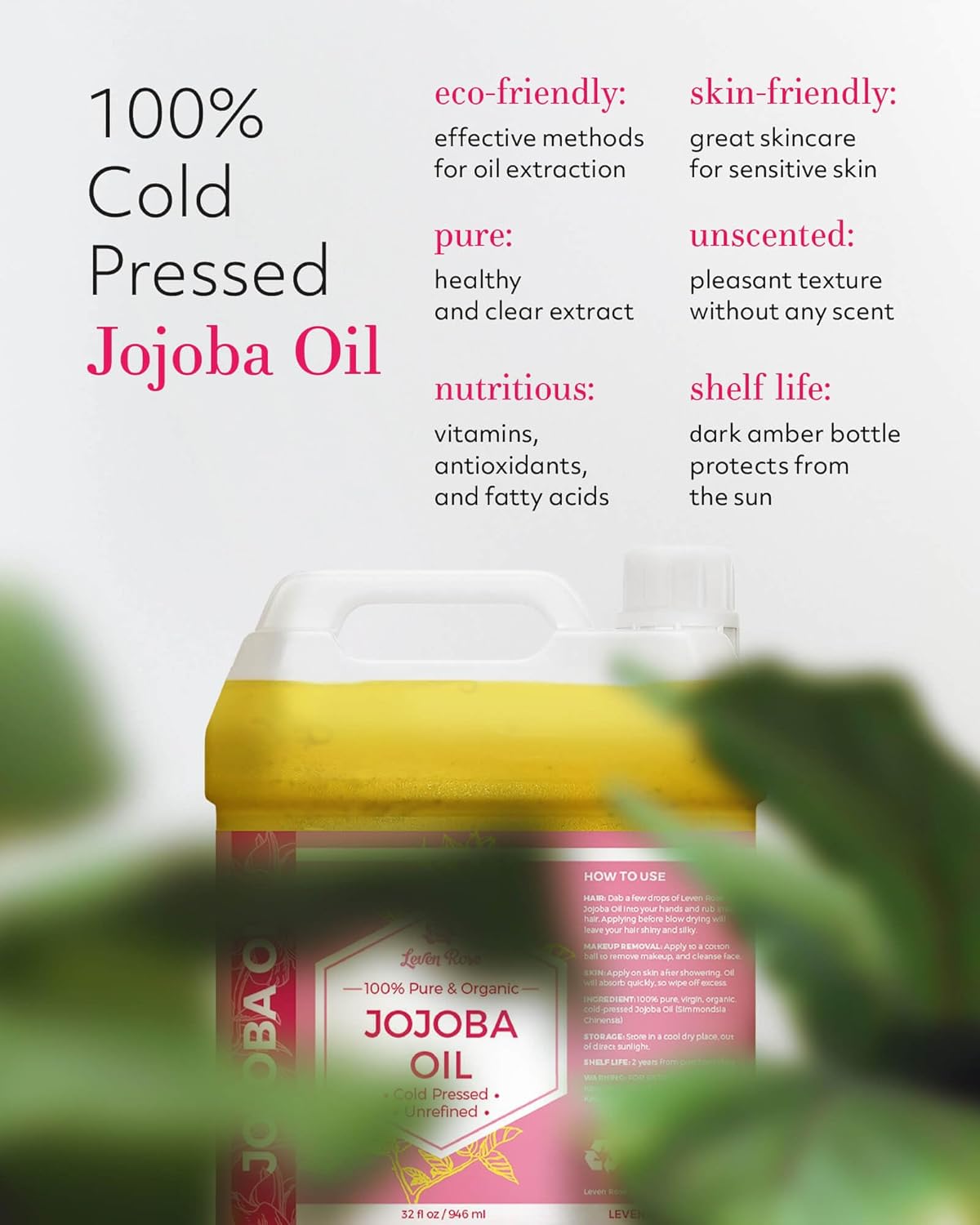 Leven Rose Organic Jojoba Oil Bulk 32 oz - 100% Pure Cold Pressed Unrefined for Skin Hair Nails Soap Making - Golden Jojoba Carrier Oil - Made in USA