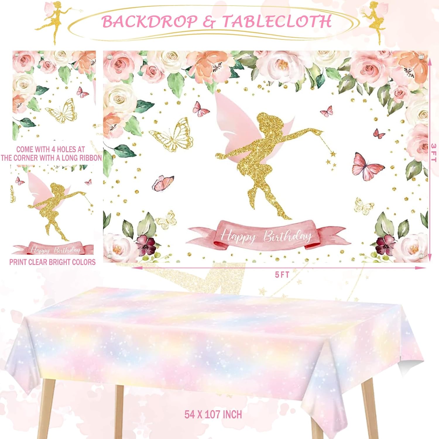 Fairy Birthday Decorations, Fairy Wonderland Party Supplies Backdrop Balloon Garland Banner Tablecloth Cake Cupcake Topper Plate Napkin Cup Straw Knife Spoon Fork Floral