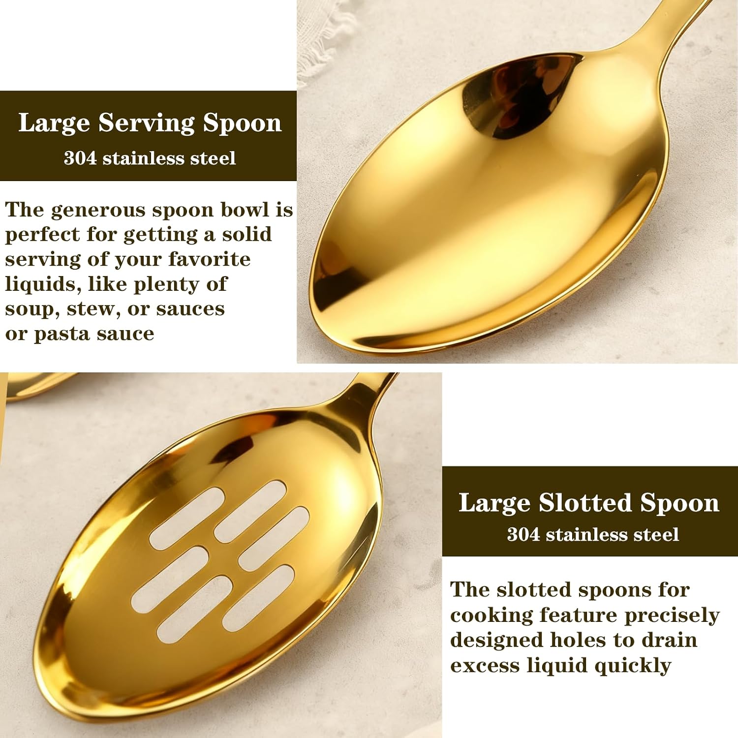 Large Serving Spoons, Gold Solid Spoon & Slotted Kitchen Spoon Set, 2 Pack