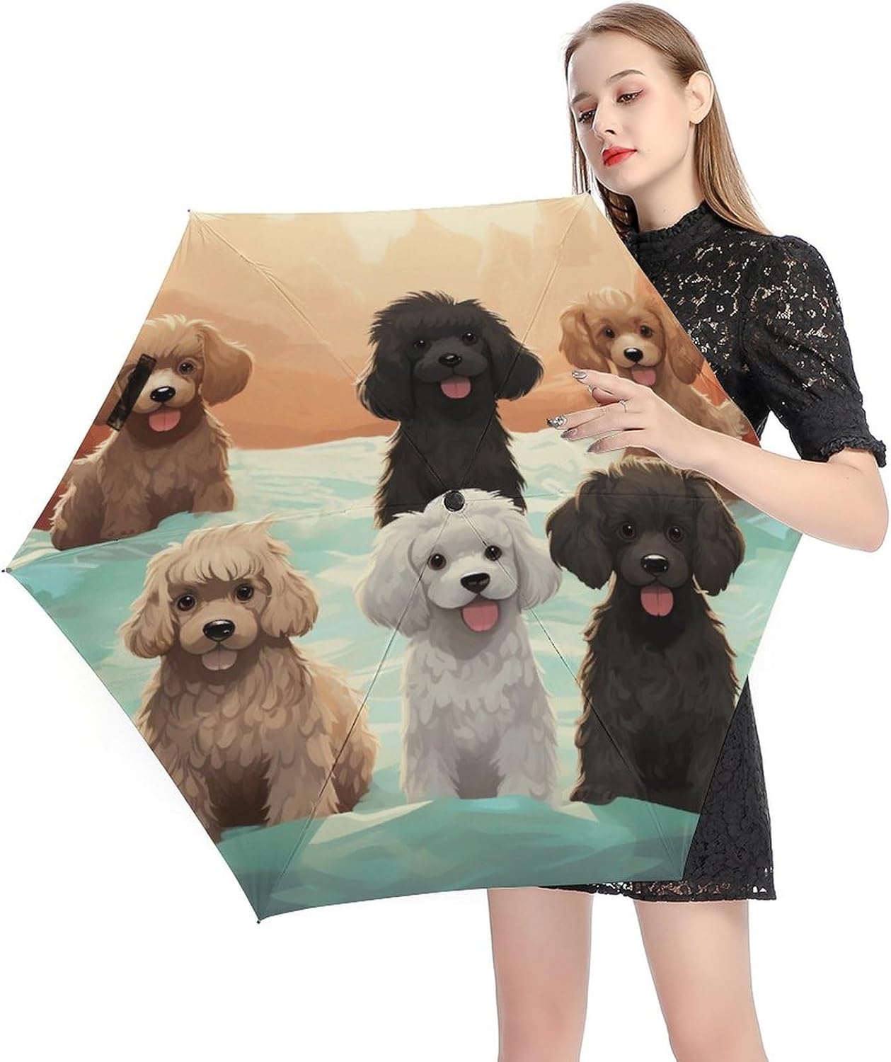 Poodles Dogs Printed Exterior 5 Fold Umbrella,Windproof Travel Umbrella for Sun Protection, Small Portable,Compact Umbrellas for Travel, Purse Or Backpack