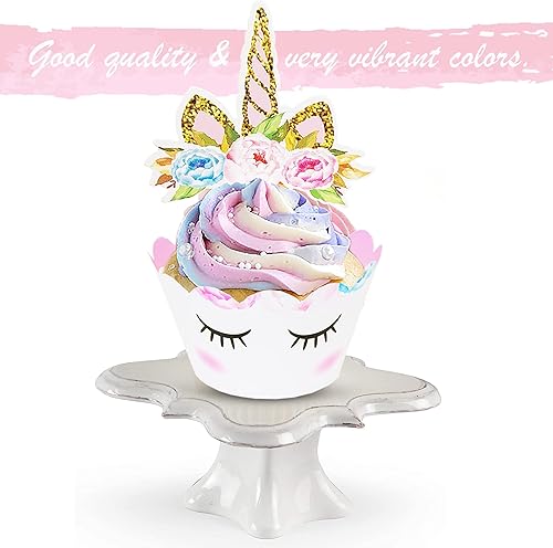 Miniatura 7 de ecoZen Adornos de unicornio para cupcakes y envolturas, forros reversibles de arco iris para cupcakes con adornos de unicornio, lindos suministros