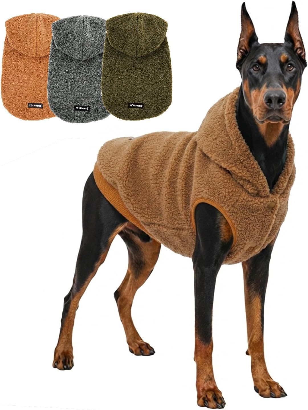 Tuff Pupper Fleece Dog Hoodie Sweater | Teddy Sherpa Outer & Soft Polar Fleece Lining | Adjustable Fit Winter Coat with Hood, Leash Hole, Ribbed Cuffs | For Small Medium Large XL XXL Dogs (Brown, XXL)