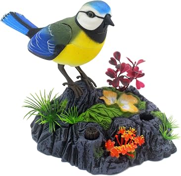 Tipmant Cute Electronic Birds Toys Pets Simulation Realistic Move Chirp Electric Office Home Desk Decor Decoration Kids Birthday Gifts Blue & Yellow