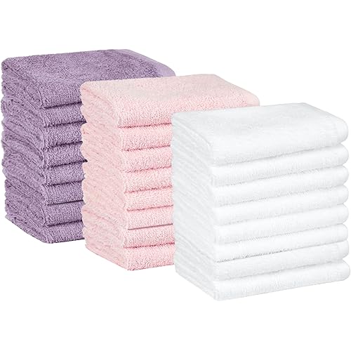 Amazon Basics washcloth for bathroom, 100% Cotton Extra Absorbent , Fast Drying - salon towels - 24-Pack, Petal Pink, Lavender, White, 12 x 12 in