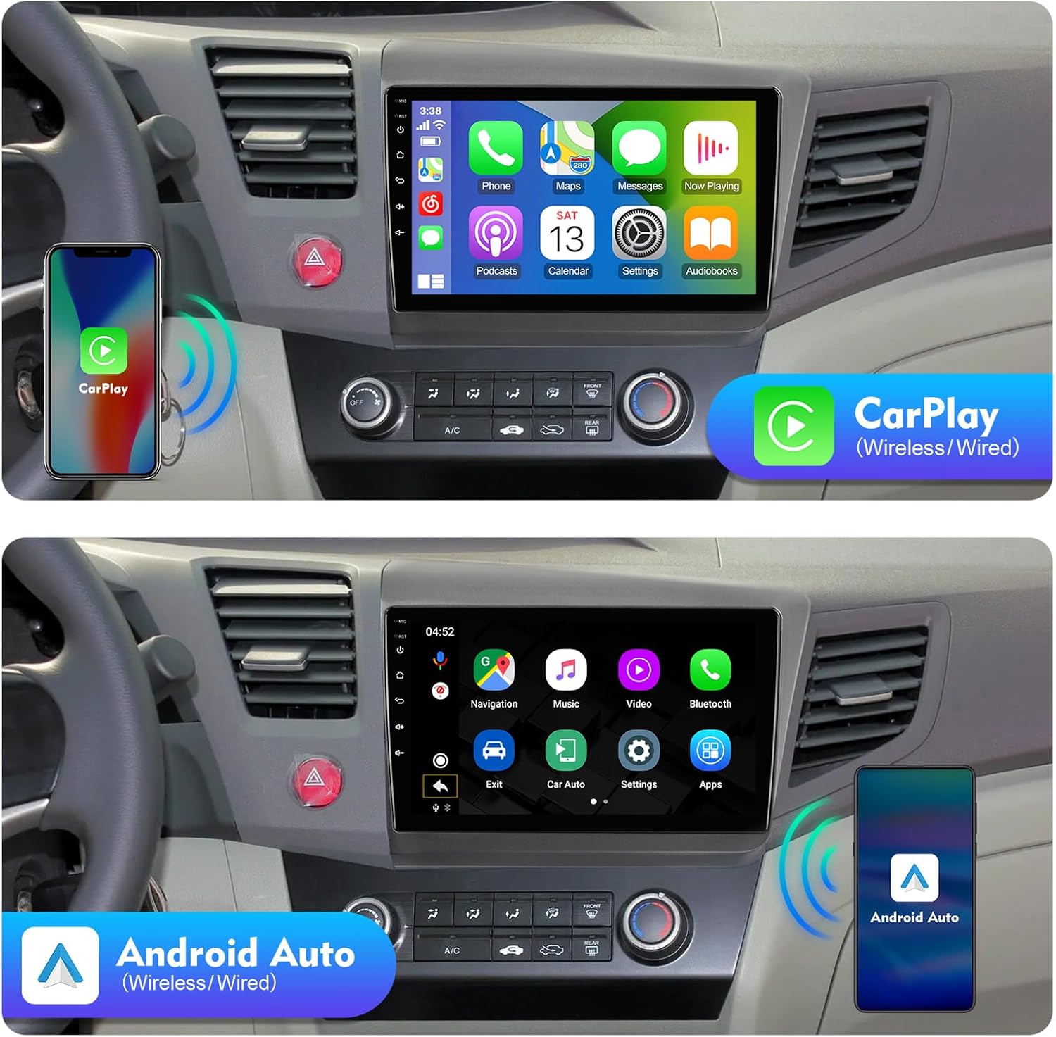 2+32G 9-inch Android 12 Car Stereo for Honda Civic 2012-2015 IPS Touchscreen Screen Car Radio with WiFi 6 Carplay & Android Auto Support Backup Camera GPS FM Navi Bluetooth 5.4 SWC