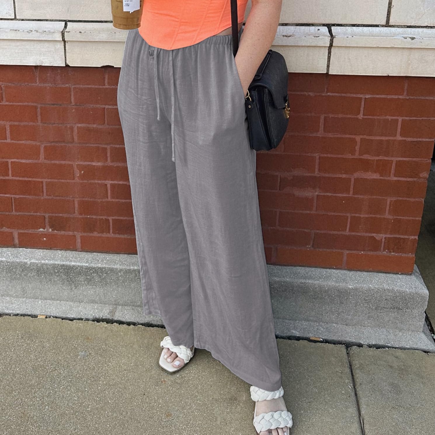 Duyang Womens Cotton Linen Palazzo Pants Drawstring Elastic Waist Casual Wide Leg Trousers with Pockets - Image 4