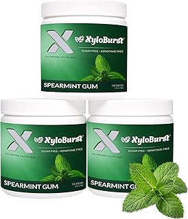 XyloBurst Gum | Xylitol Chewing Gum | Sugar Free, Gluten Free, Keto Friendly | Aspartame Free Gum For Oral Health | Spearmint | 100-Count Jar, Pack of 3