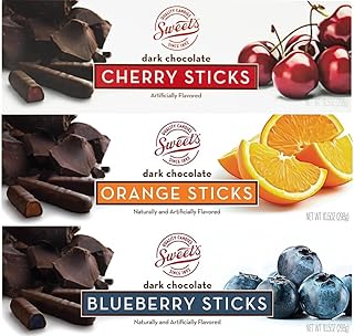 Sweet's Candy Dark Chocolate Sticks Variety 3 Pack (1) Cherry (1) Orange (1) Blueberry (1) Happy Holiday Gift Tag Bundle