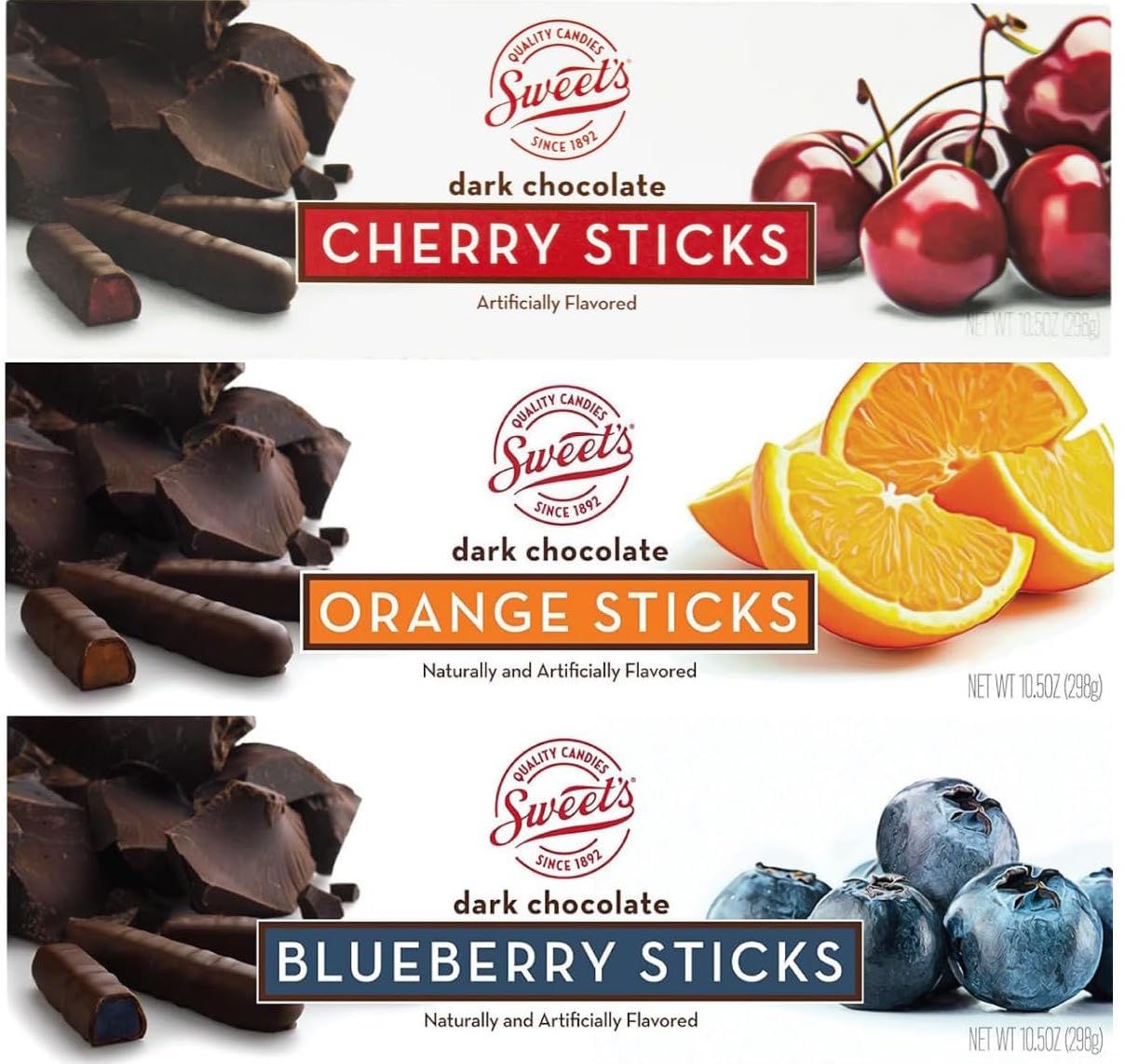 Sweet's Candy Dark Chocolate Sticks Variety 3 Pack (1) Cherry (1) Orange (1) Blueberry (1) Happy Holiday Gift Tag Bundle