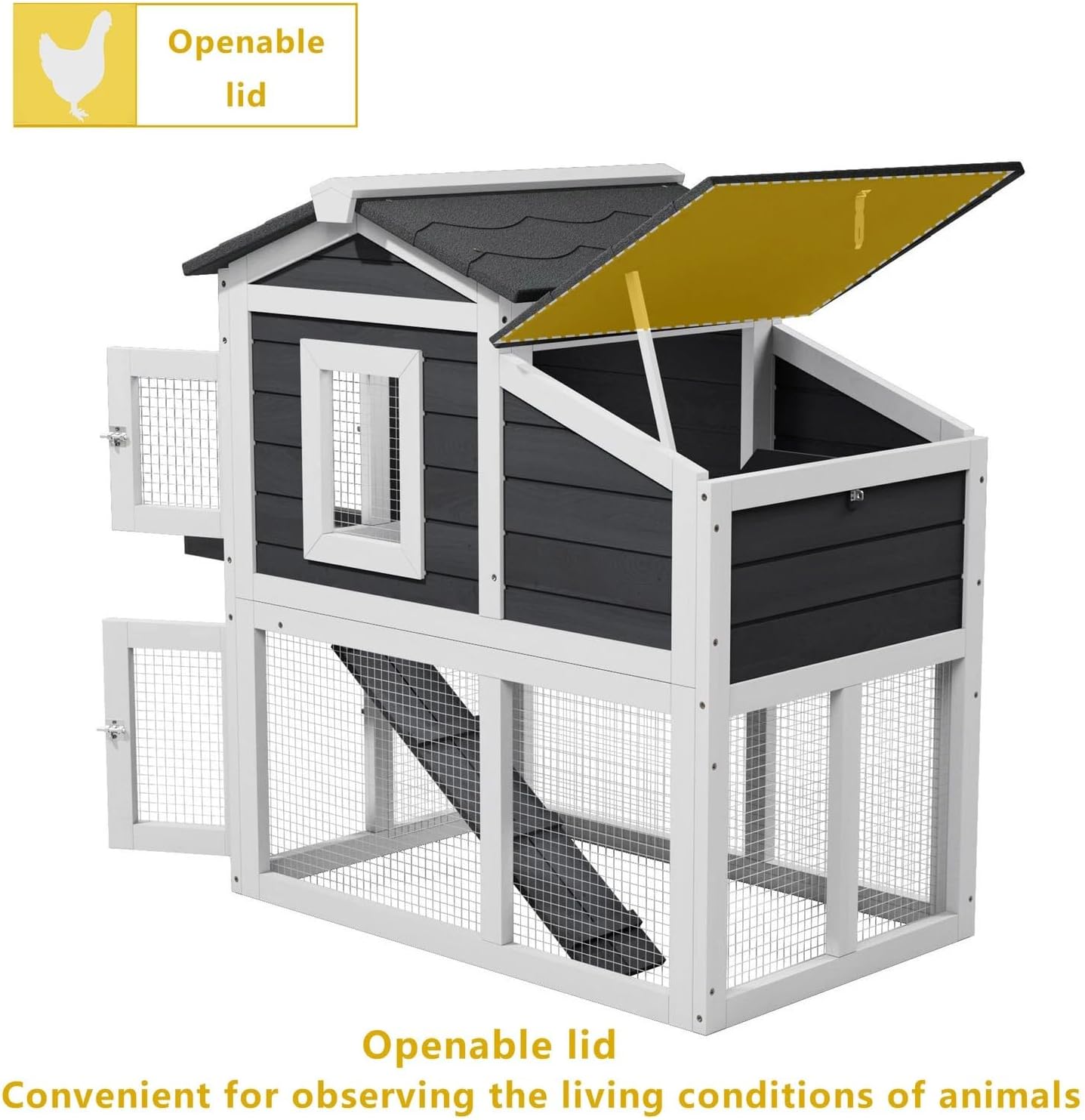 Small Chicken Coop with Run and Nesting Box - Wooden Hen House for Chickens, Ducks or Rabbits, Weatherproof Roof, Removable Tray and Easy-Clean Design (Grey)
