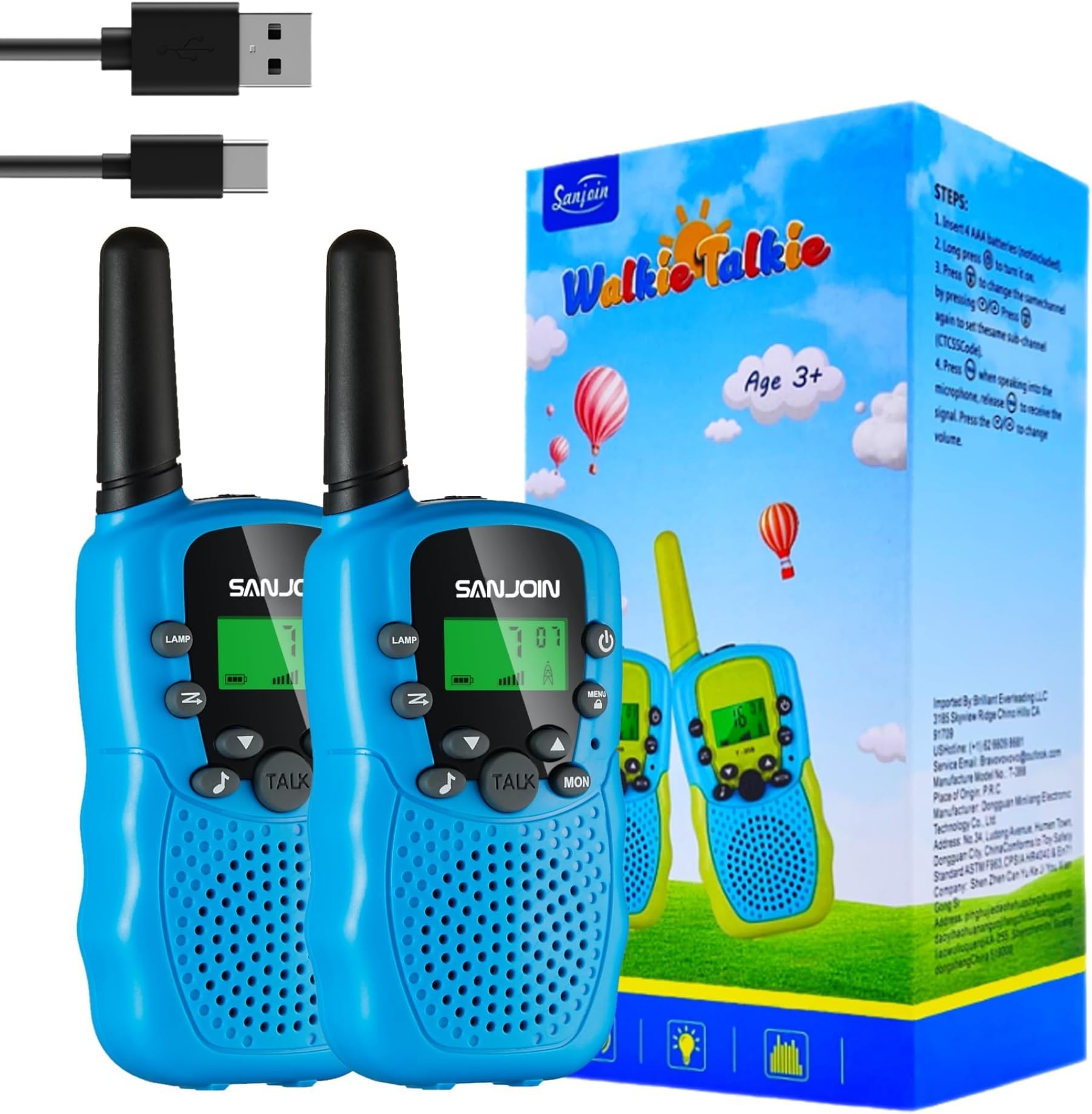 SANJOIN Rechargeable Walkie Talkies for Kids Toys for Boys Girls 4-6,3 Miles Range Walkie Talkie to Camping,Outdoor 4 Year Old Girl Birthday Gifts for 3 4 5 6 7 8 10Year Old(Blue)