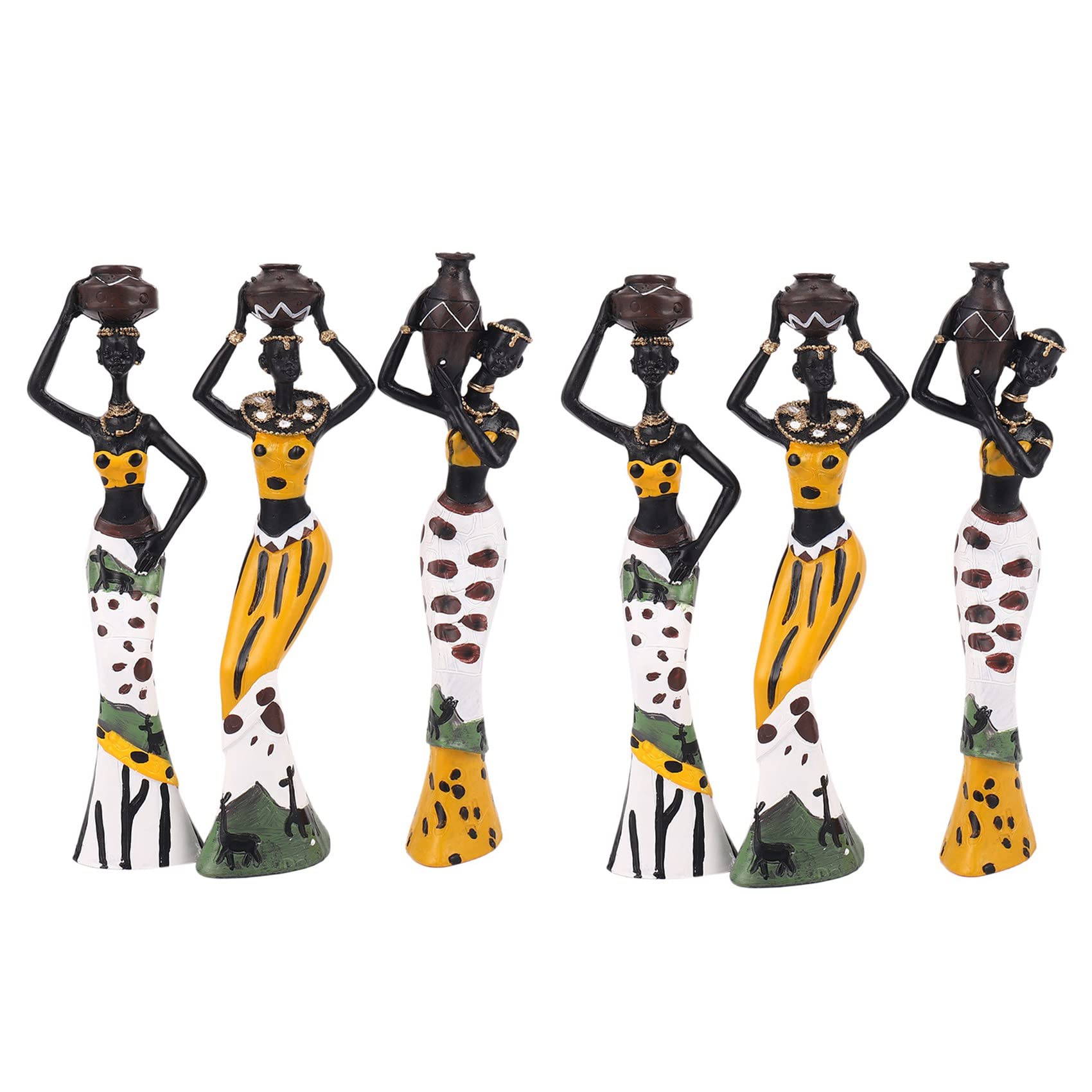 Statue femme africaine rétro : 6 ornements artisanaux en résine haut de gamme couleur jaune