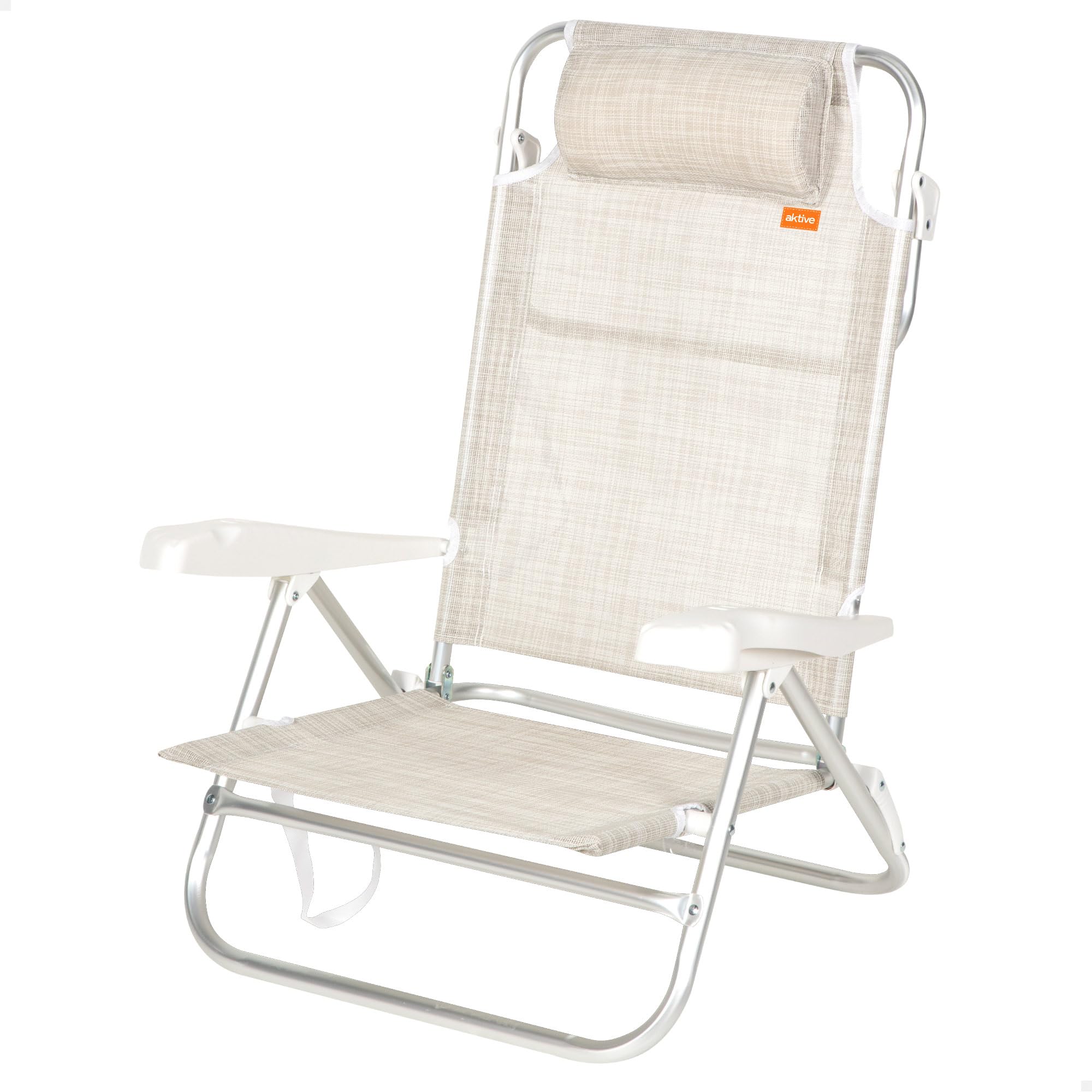 AKTIVE Silla Playa Plegable, 7 Posiciones, Color Beige, 47x49x82 cm, Incluye cojín Acolchado, Asas de Transporte, Soporta 110 kg, Sillas Respaldo reclinable, Multiposición (62667), Estándar, Gris