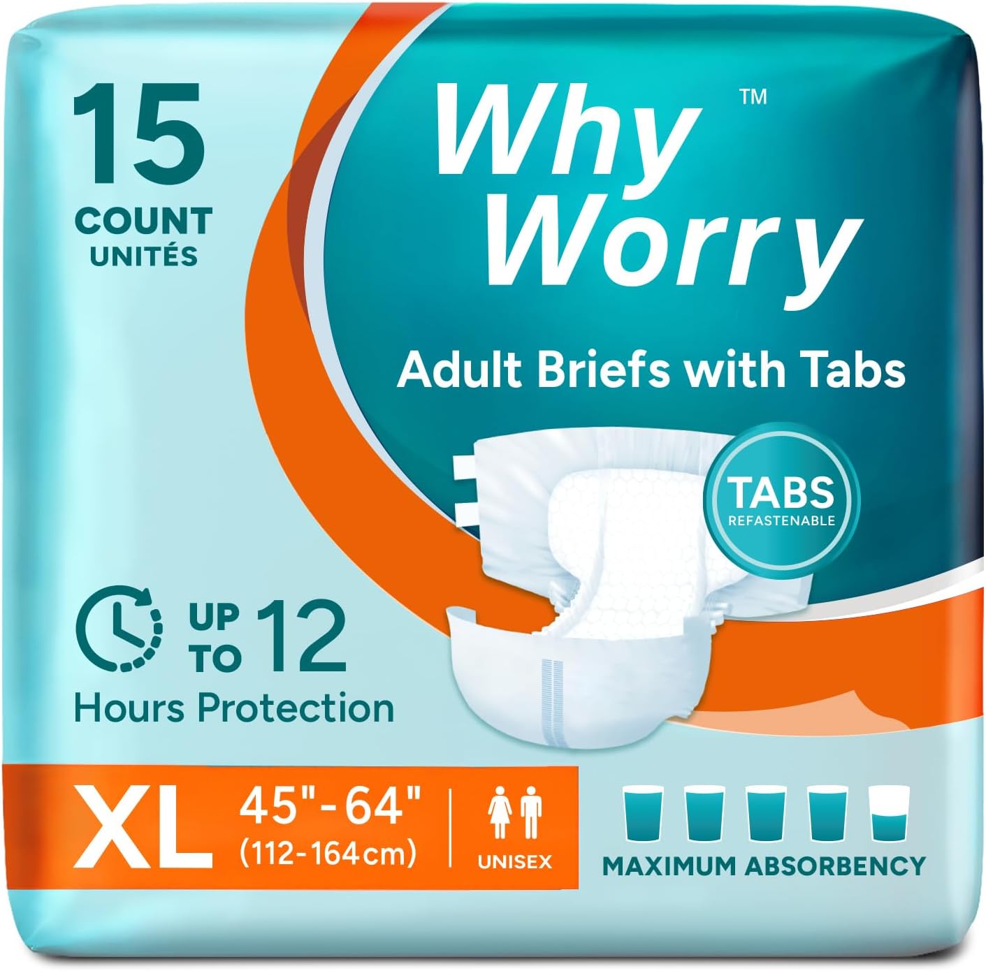 WhyWorry Adult Diapers with Tabs, Maximum Absorbency, XLarge, 15 Count