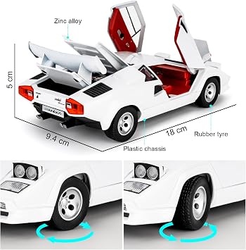 1/24 Supercar Countach Toy Car Model, Die-cast Pull-Back Model Car with Sound and Liaht Effects, Toy Vehicles for Adults Kids 3+ Years, Collectible Gifts White