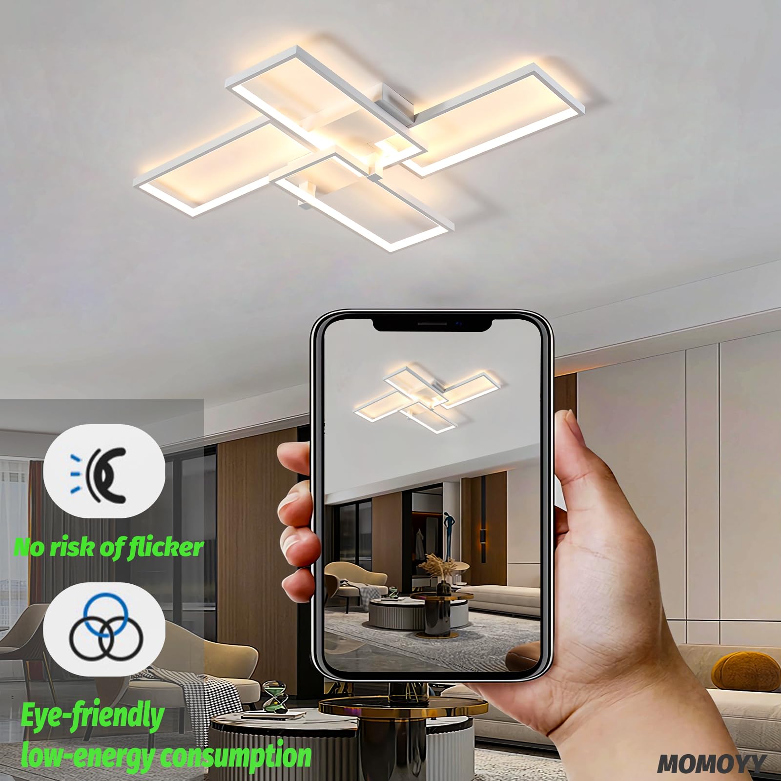 Oświetlenie sufitowe LED Nowoczesne prostokątne lampy sufitowe z pilotem Aluminiowa konstrukcja Oświetlenie wewnętrzne Żyrandol podtynkowy do sypialni jadalni salonu (Biały, 120CM)