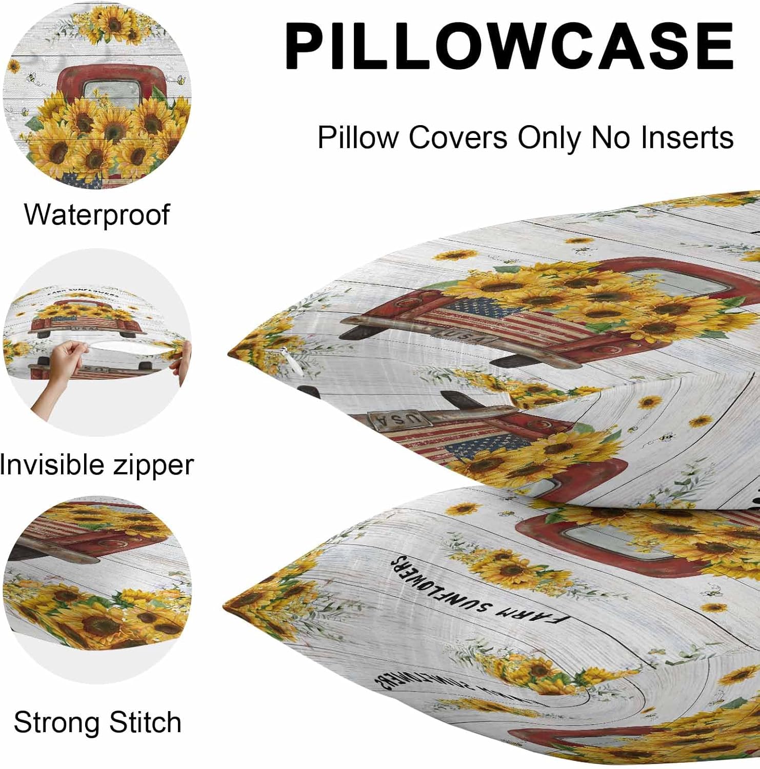 Outdoor Throw Pillow Cover Rural Country Red Truck Yellow Blooming Sunflower and Bees Waterproof Cushion Covers 2 Pack Wood Plank Pillow Cases Home Decoration for Patio Garden Couch Sofa