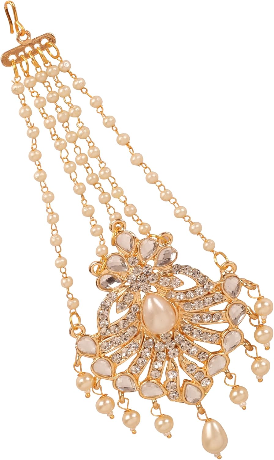 Touchstone jhoomer for Hair Indian Jewelry Head paasa Side Tikka Bridal Accessories for Women Gold White kundan Wedding Bollywood desi Artificial Headpiece jhumar