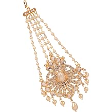Touchstone jhoomer for Hair Indian Jewelry Head paasa Side Tikka Bridal Accessories for Women Gold White kundan Wedding Bollywood desi Artificial Headpiece jhumar
