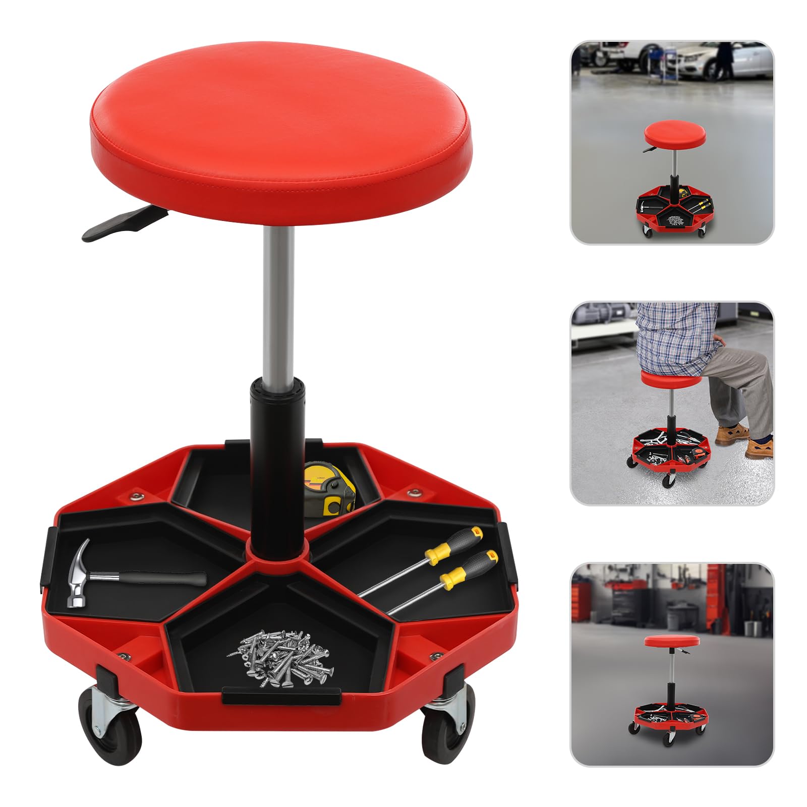 Sgabello da officina regolabile, telescopico, regolabile in altezza, 45-61 cm, carico massimo: 150 kg, sgabello per officina (rosso)