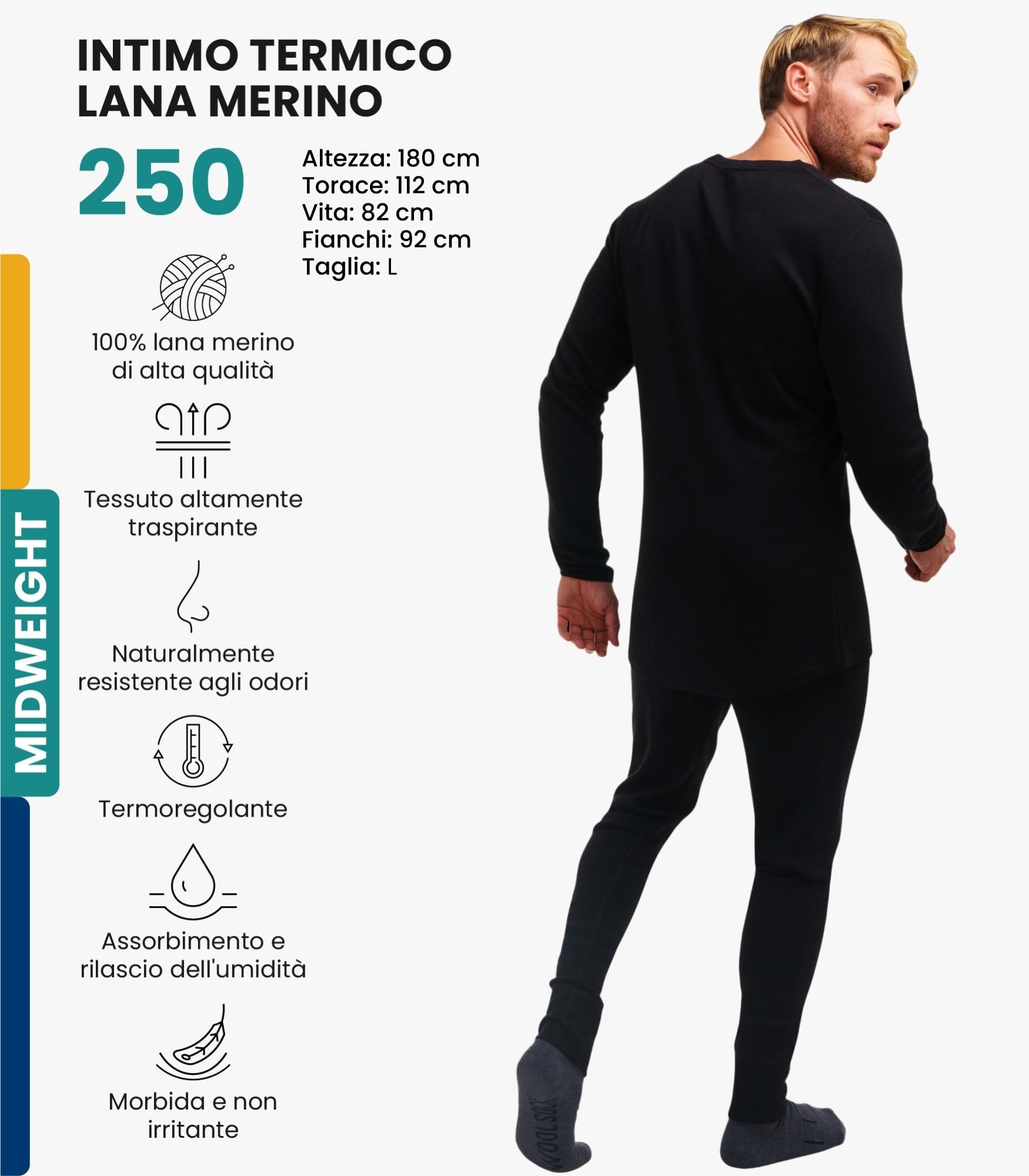 Merino.tech Intimo Termico Uomo Lana Merinos - Completo Termico Uomo Maglia e Pantaloni con Calzini Leggero, Medio, Pesante
