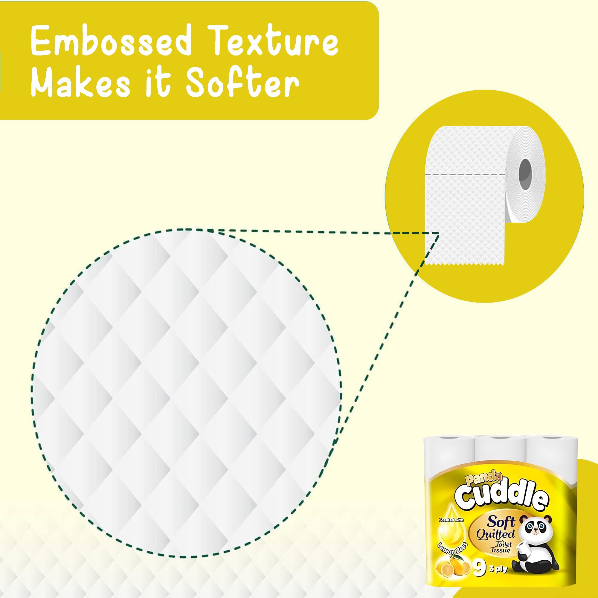 Panda Cuddle 3-warstwowe rolki papieru toaletowego - miękki, pikowany, wytłaczany papier loo z aloesu, o zapachu cytryny i bezzapachowy, luzem, kup chusteczki toaletowe dla higieny i komfortu