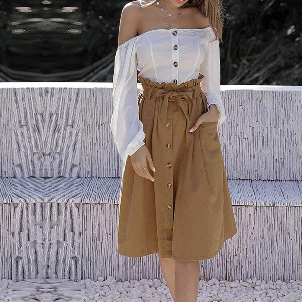 N /D Women's Casual High Waist Pleated A-Line Midi Skirt with