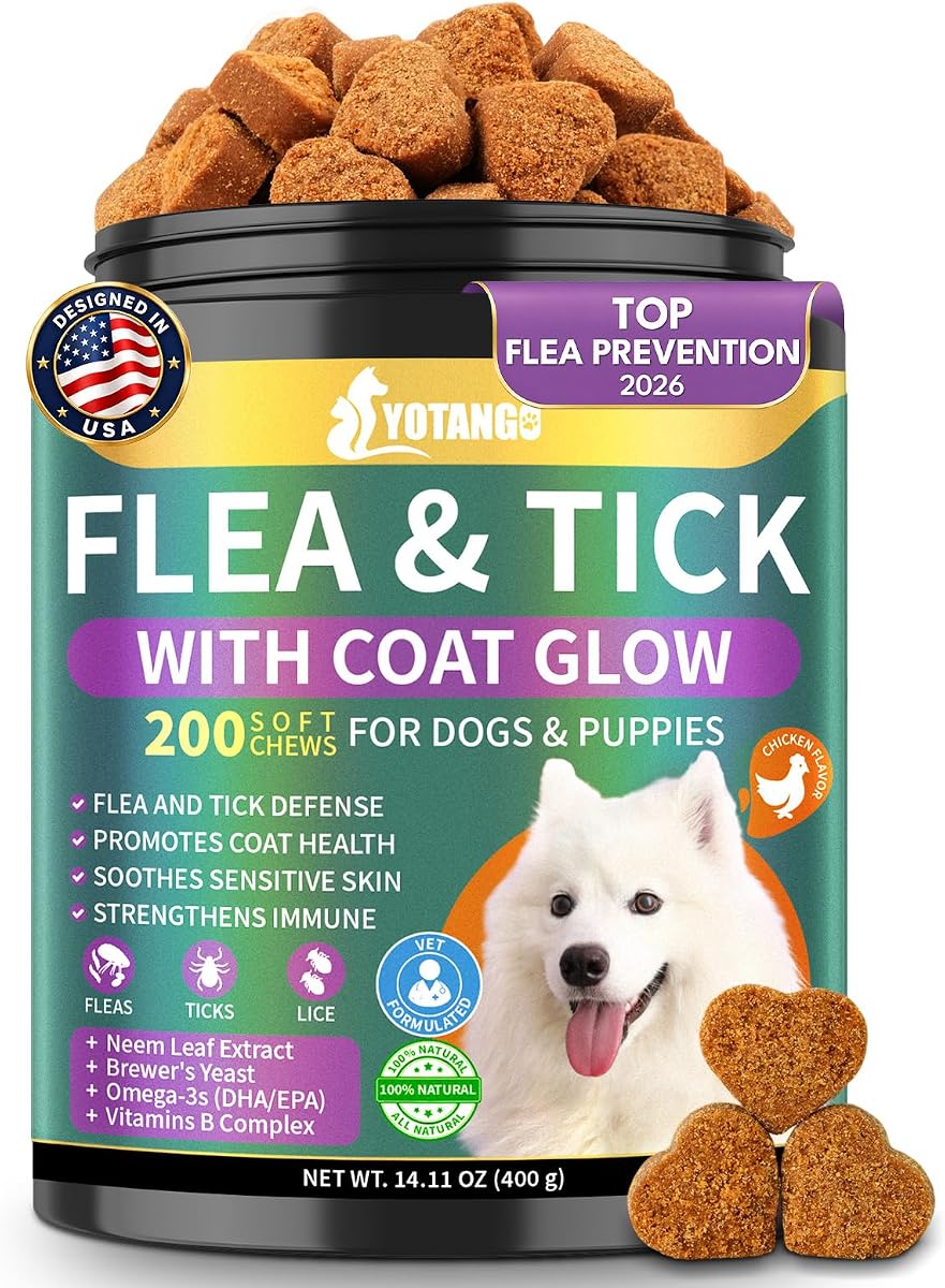 Flea and Tick Prevention for Dogs Chewables, Dog Flea and Tick Treatment | Dog Flea & Tick Control Chews with Fish Oil & B Vitamins for Skin & Coat, Digestion & Immune Support, Chicken Flavor.