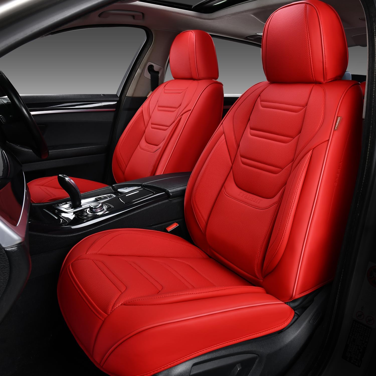TIEHESYT Leather Car Seat Covers Full Set with Lumbar Support, Waterproof Car Seat Cover, Universal Seat Covers for Cars, Trucks, SUVs, Sedans, Airbag Compatible, Front Pair and Rear, Red