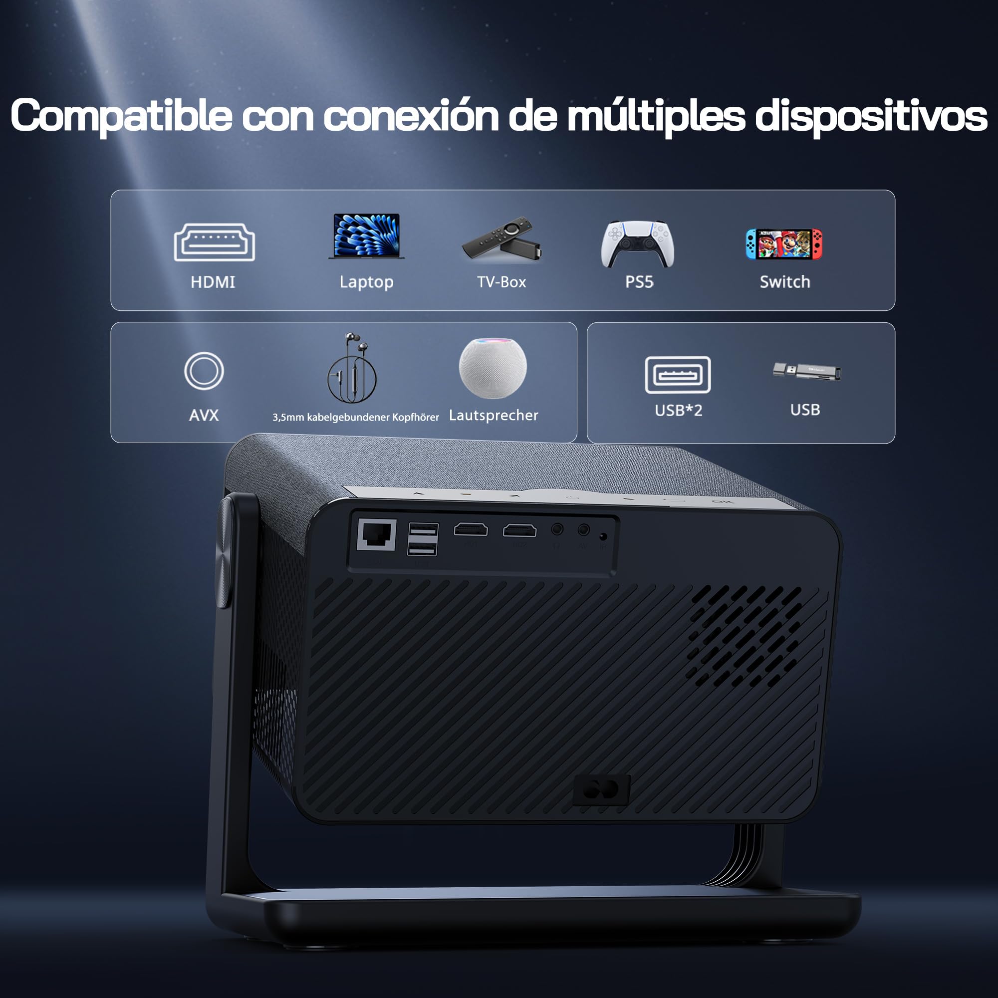 WOLFANG Proyector Portátil 4K, 28000 Lúmenes, Apps Integradas, WiFi/Bluetooth, Enfoque Eléctrico y Corrección Keystone Automática, Rotación 180°, Mini Proyector para Cine en Casa, HDMI