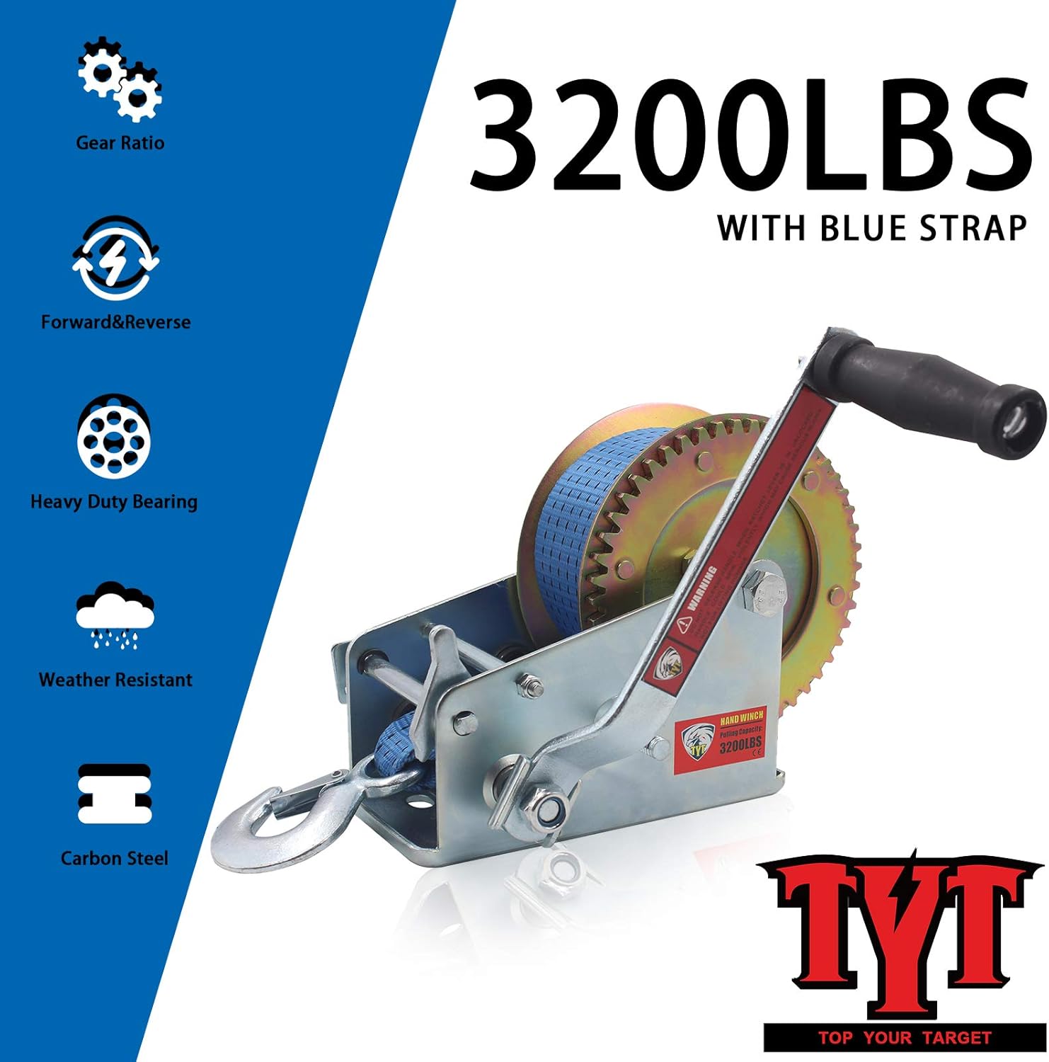 TYT 3200lbs Boat Trailer Winch with Heavy Duty 10M Nylon Blue Strap, Two Way Ratchet 2 Speed Crank Hand Winch, Gear Ratio 4:1/8:1 Manual Winch for ATV UTV SUV Winch (3200lb with Blue Strap Zinc Winch) : Automotive
