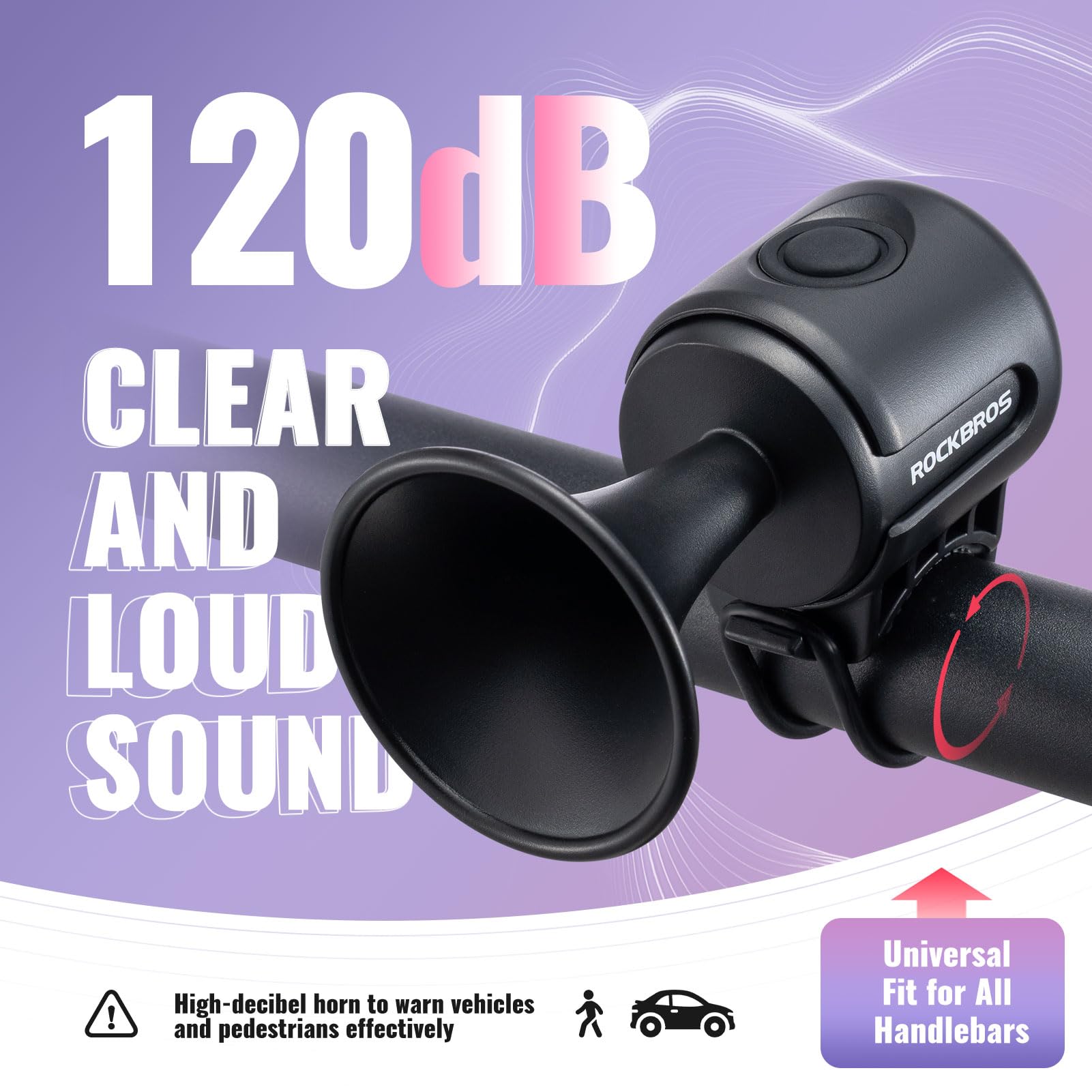 Klaxon Vélo électrique ROCKBROS 120 DB - IPX4, Piles CR2032, Bandes élastiques, Universel
