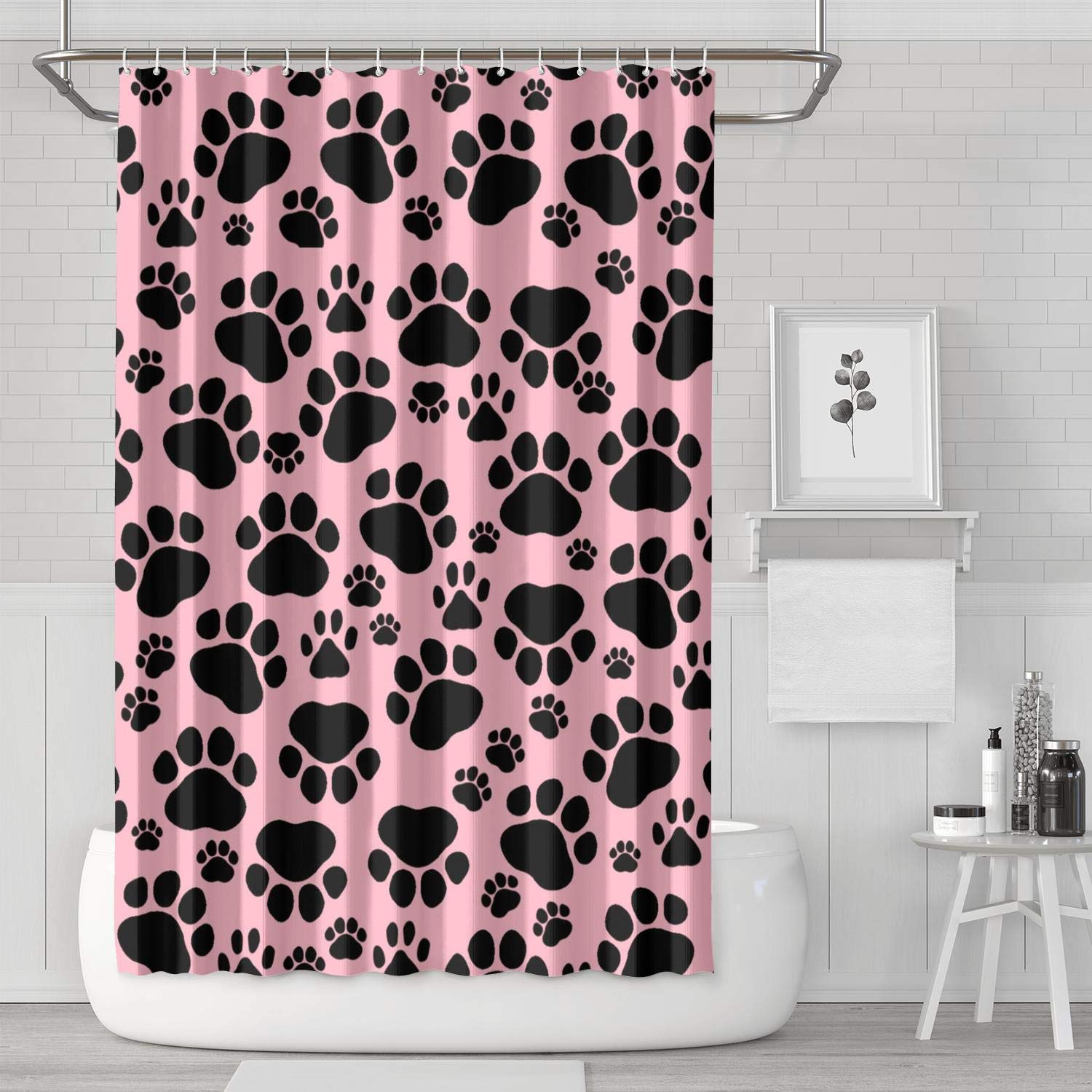 Amazon 黒犬の足印刷ピンクの背景シャワーカーテン浴室 印刷風呂のカーテンのためのカラフルな耐水性 180x180 Cm シャワーカーテン ホーム キッチン オンライン通販