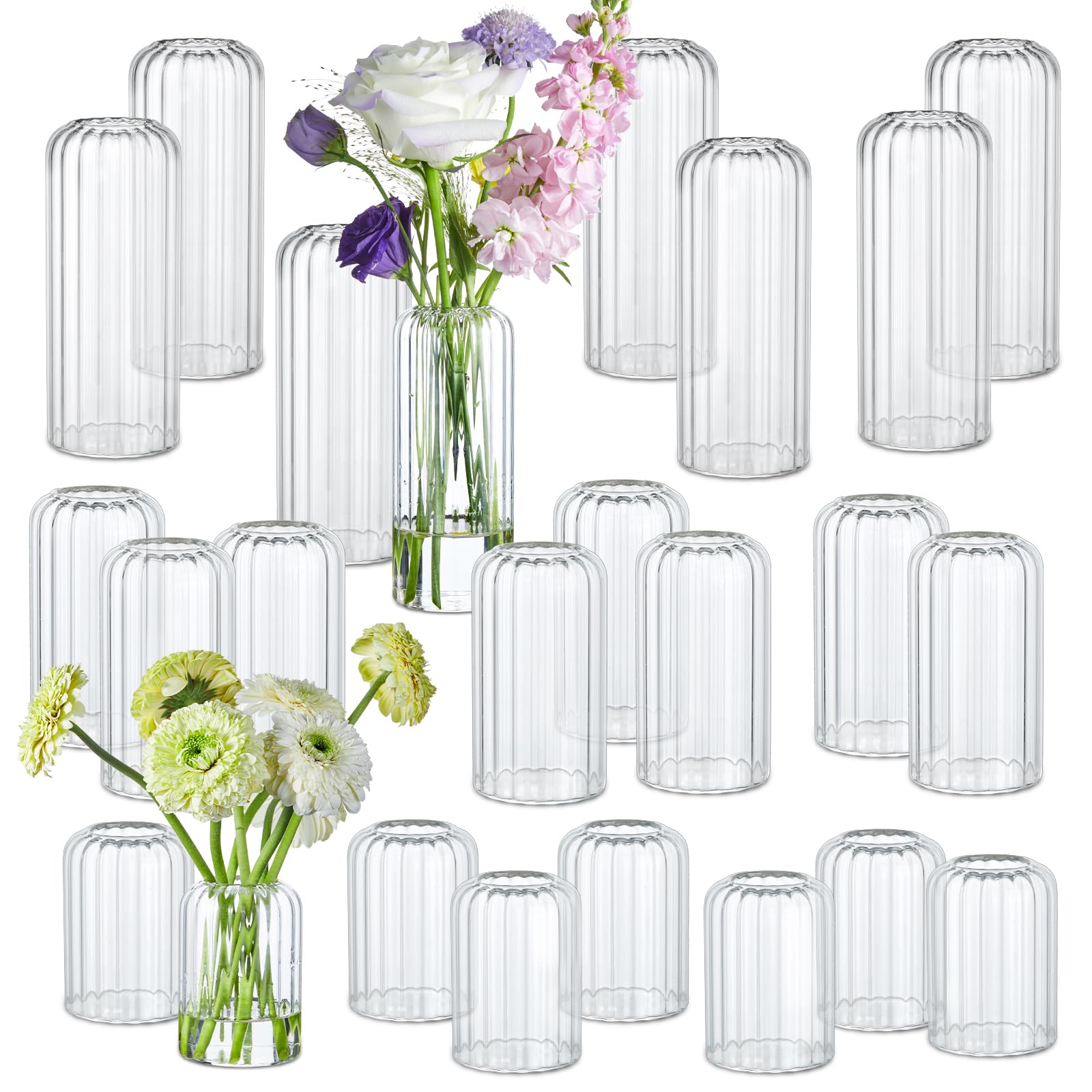 Photo 1 of 24Pcs Glass Cylinder Vases, Clear Ribbed Bud Vases for Centerpieces Weeding Decoration, Tall Clear Flower Vases in Bulk for Table Shelf, Party(Ribbed)