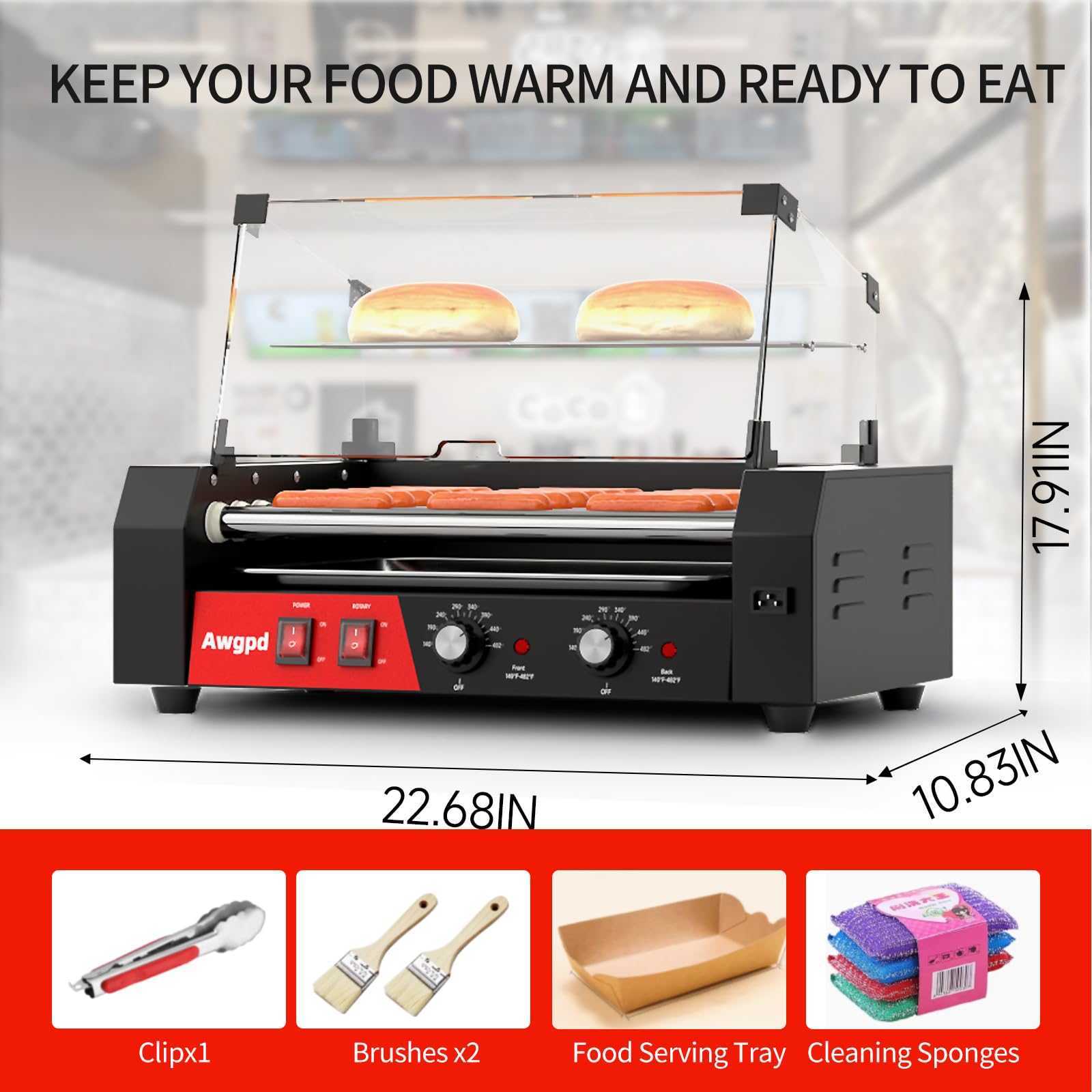 Máquina de rodillos Hot Dog, 12 perros calientes y 5 rodillos antiadherentes, doble control de temperatura, acero inoxidable, negro