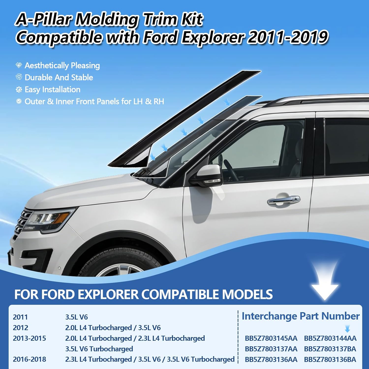 A-Pillar Molding Trim Kit Compatible with Ford Explorer 2011-2019, Door Window Guard Windshield Post Cover Accessories, Outer & Inner Left and Right Side A Pillar Trim Panel Strip