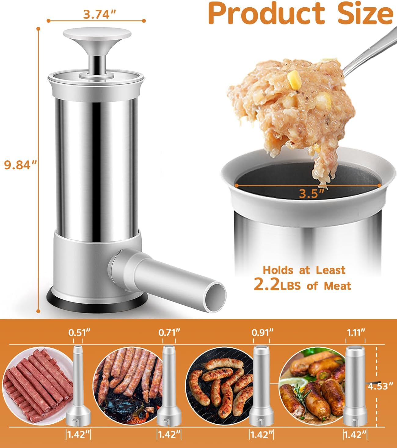 Condition photo showing Good Condition for Sausage Stuffer Machine Vertical Sausage Maker, 2025 New Stainless Steel Homemade Sausage Maker w/4 Stuffing Tubes, Manual Sausage Stuffer Meat Filling for Household Kitchen, 2.2LBS Large Capacity