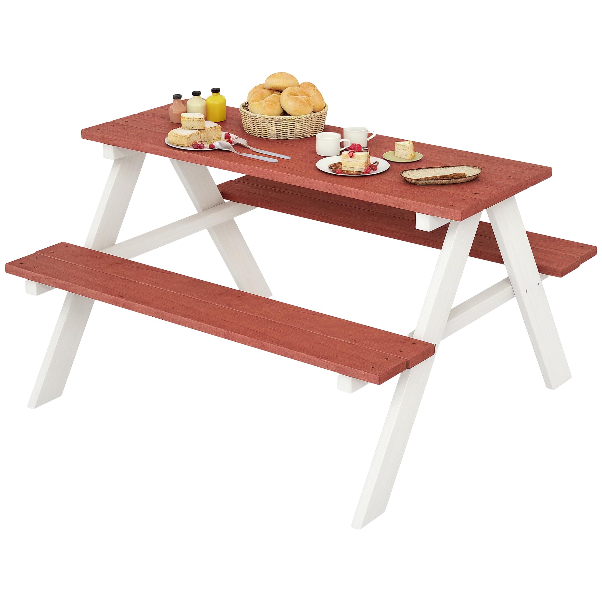 Outsunny Table de Pique-Nique pour Enfants avec 2 bancs | Table pour le jardin en bois massif, 89L x 79l x 50H cm, marron et blanc