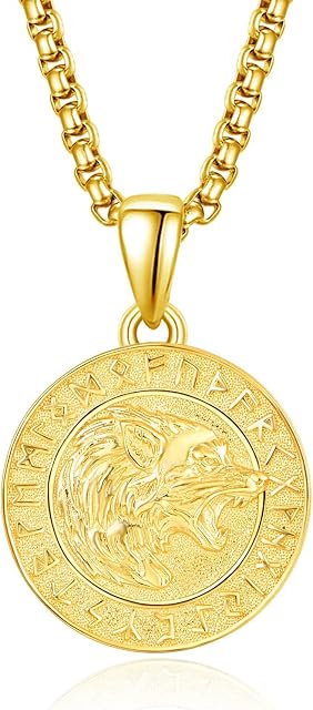 KINGWHYTE Viking Wolf Necklace Norse Rune Vegvisir Amulet 925 Sterling Sliver Gold Plated Viking Jewellery for Men Women Father Boyfriend with Stainless Steel Pearl Chain 22+2inch (60cm)