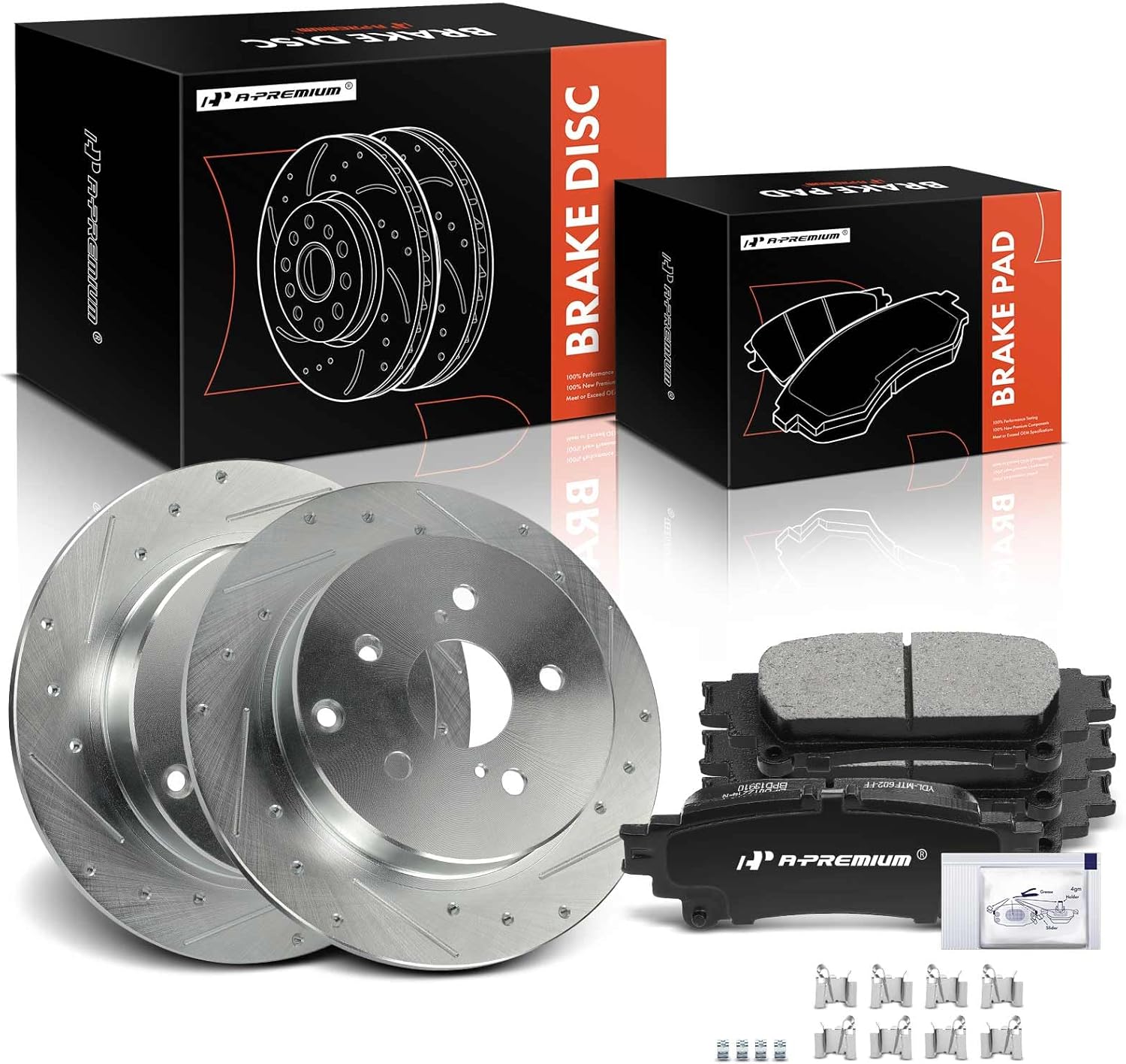 A-Premium 11.42 inch (290 mm) Rear Drilled and Slotted Disc Brake Rotors + Ceramic Pads Kit Compatible with Select Toyota Models - Prius V 2012-2017, Mirai 2016-2018, 6-PC Set