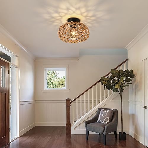 Miniatura 6 de foucasal Lámpara de techo de ratán, lámpara de techo semiempotrada de mimbre tejido, lámpara de techo de ratán bohemio costero para casa de campo,