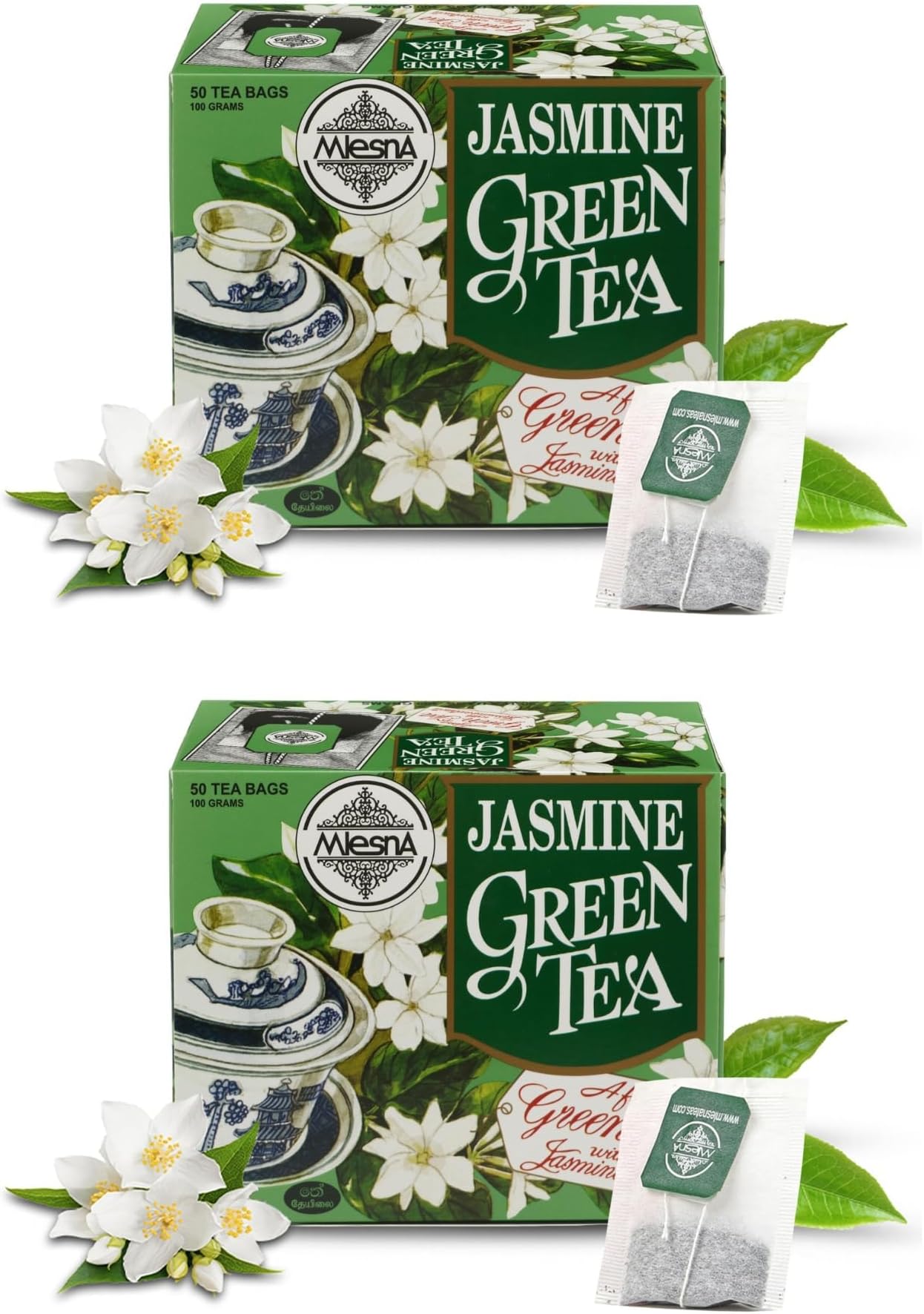 Mlesna Jasmine Green Tea 100g (Pack of 2) | 50 Foil-Wrapped Tea Bags | Pure Ceylon Green Tea | Rich in Antioxidant | Imported from Sri Lanka