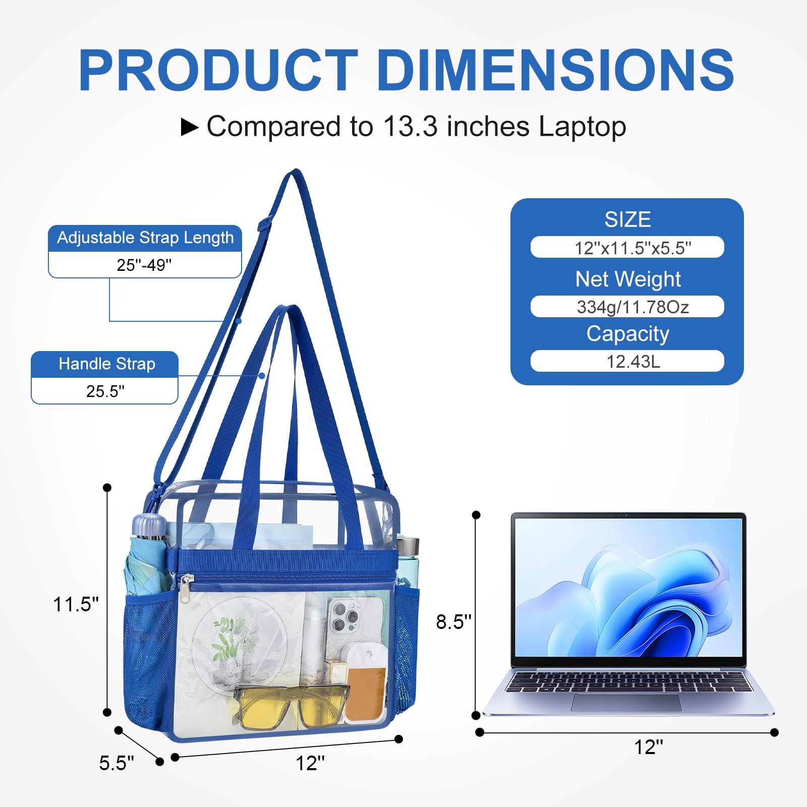 USPECLARE Transparente Tragetasche, Stadion-genehmigt, Sicherheits-Reisen und Fitnessstudio, transparente Tasche für Arbeit, Sport, Spiele, Konzerte, Blau, Large