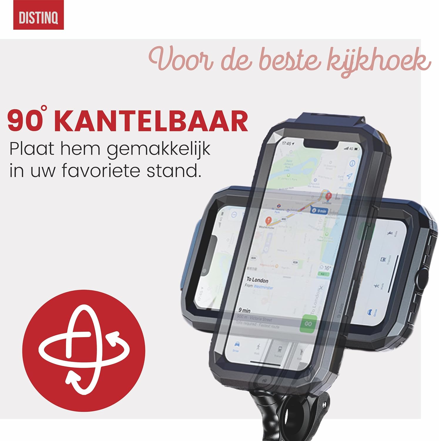 Image illustrating the 90-degree tilt and 360-degree rotation capability of the phone holder.