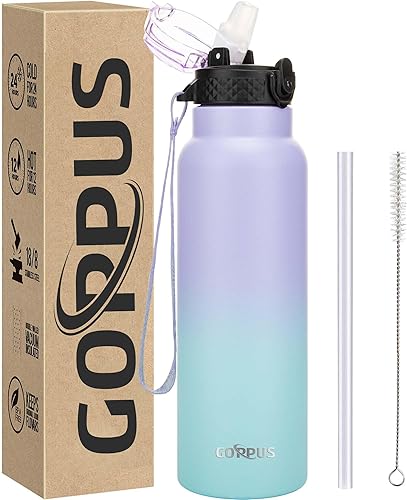 GOPPUS Botella de agua aislada al vacío de doble pared de 24 onzas con pajilla, taza de agua deportiva de acero inoxidable, a prueba de fugas, boca