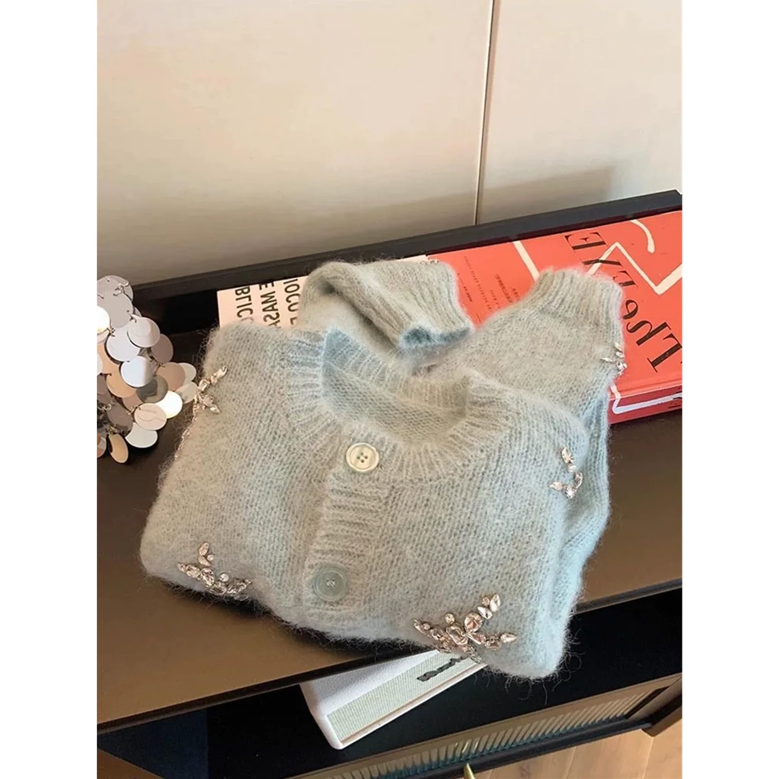 Sweter dla kobiet niebieski dzianinowy kardigan damski jesienny okrągły dekolt z długim rękawem delikatny miękki krótki sweter kurtka Mujer