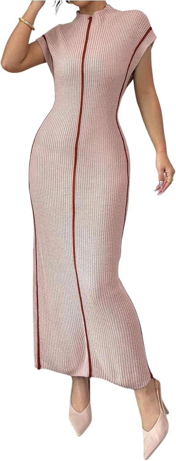 Verdusa Women's Sweater Dress Mock Neck Dolman Short Sleeve Slim Fitted Maxi Dresses