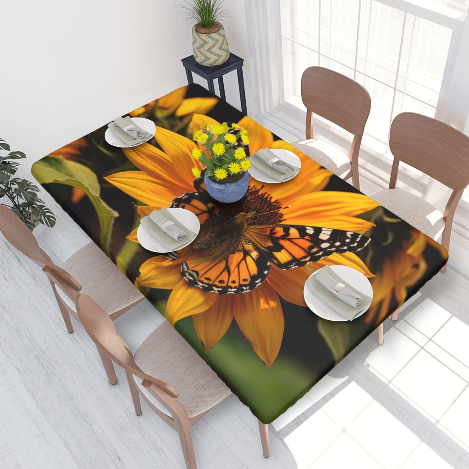DCARSETCV Sunflower Butterfly Printed 4FT Waterproof Tablecloth with Elastic Edged Protect & Decor Your Table, Oil-proof Washable Table Cloth Cover for Dinner Picnic Party